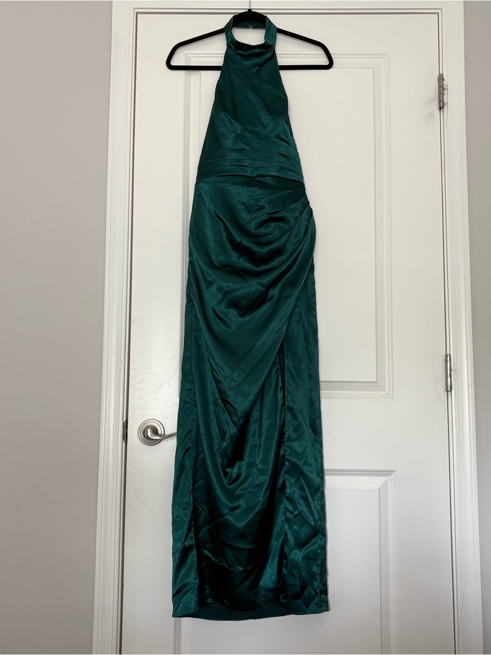 Azazie Women’s “Jenna” Emerald Sheath Pleated High-Neck Ruched Satin Dress - Picture 2 of 14